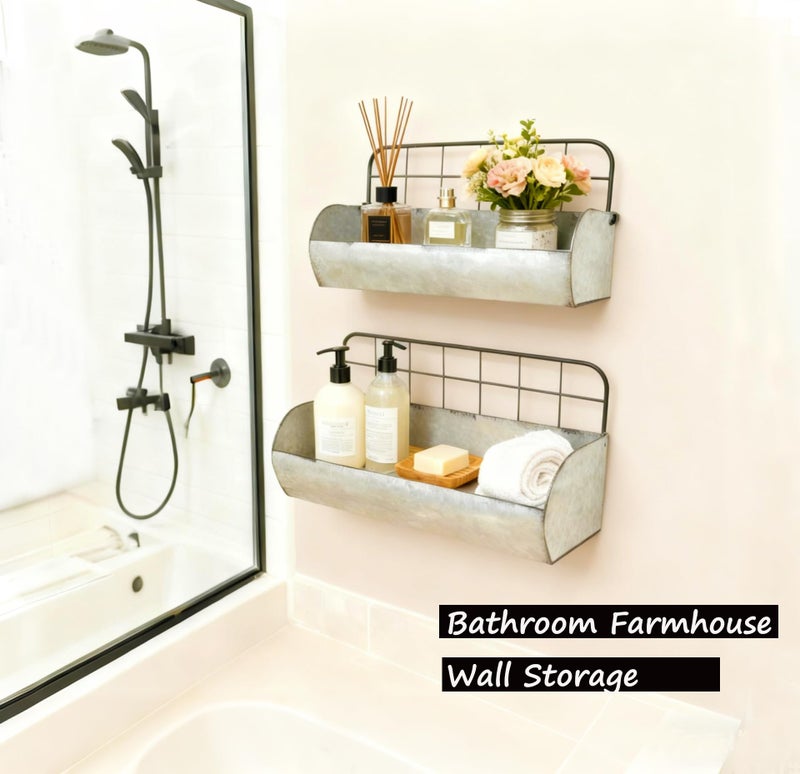 ShabbyDecor Galvanized Metal Farmhouse Wall Storage Holder Rustic Tin Shelves for Kitchen Laundry Room Bathroom Metal Hanging Wire Basket Set of 2 - Image 5